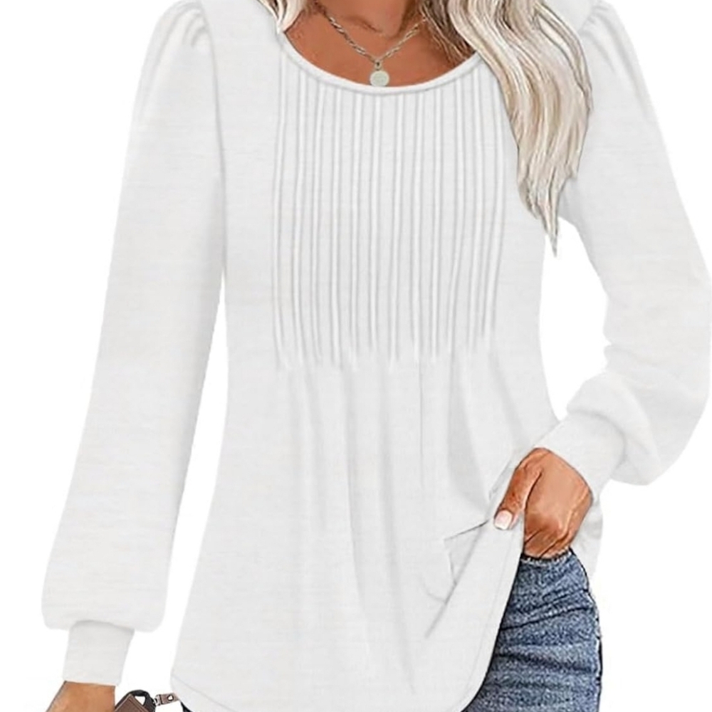 Zaayo White Puff Long Sleeve Top. Pleated Crew Neck Blouse Dressy Casual